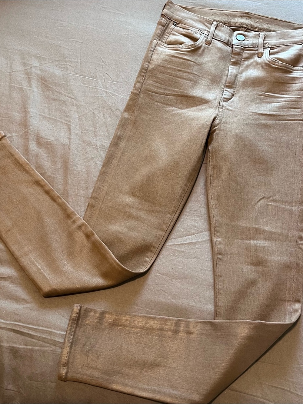Goldsign Waxed Skinny Jeans in Gold/Tan, Sz. 28